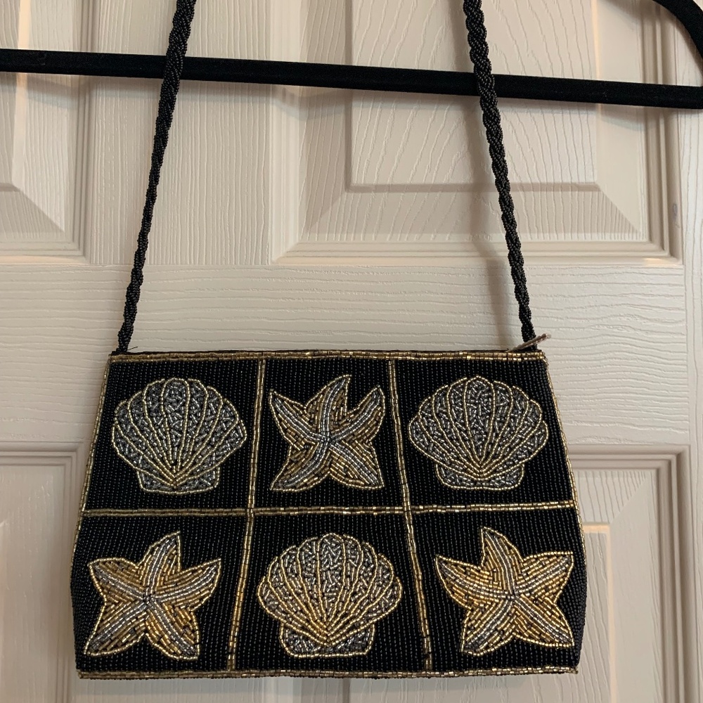 Black/Gold Bugle Bead Small Shoulder Handbag